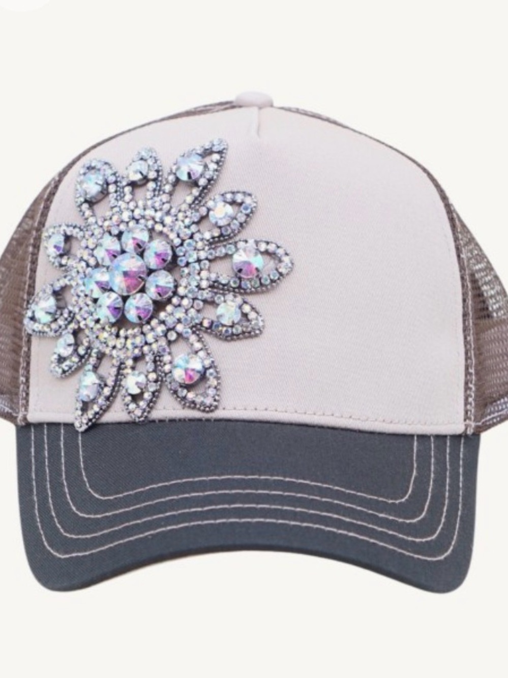 Crystal Floral Accent Trucker Hat - Pink and Gray